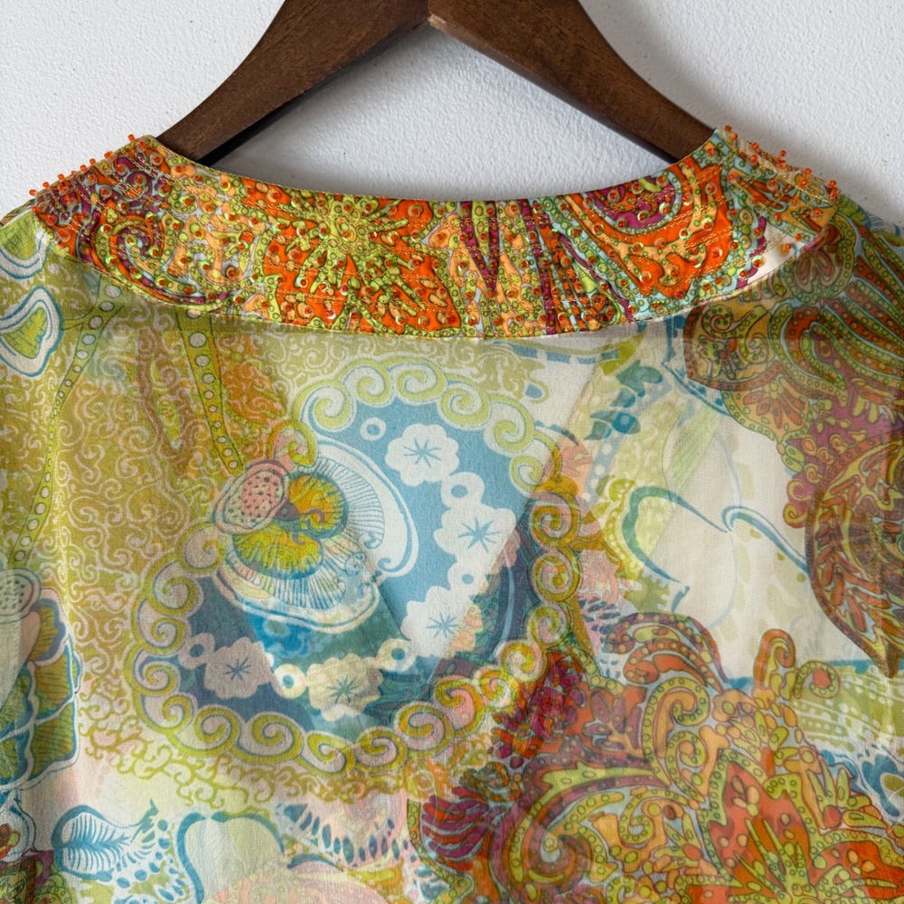 Vtg Cache Blouse 8 M Y2K 90s Paisley Beaded Sheer Bell Sleeve Boho Fairy Whimsy - Picture 12 of 13